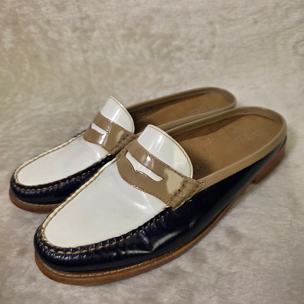 G.H. Bass Weejuns Mule Loafers Navy White Tan Womens 8.5 Excellent